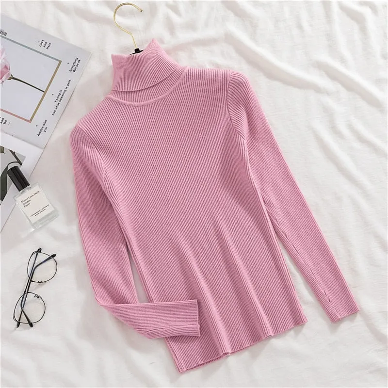 H.SA 2021 Women Turtleneck Sweater Basic Casual Solid Knit Jumper Korean Sweater Slim Pull Femme Top Elasticity Winter Pullovers