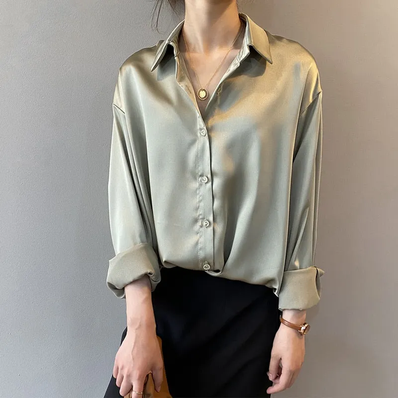 Autumn 2021 Womens Clothing Silk Shirt Vintage Blouse Women Sheer Top Women Long Sleeve Dress Shirt Plus Size Woman Overshirt