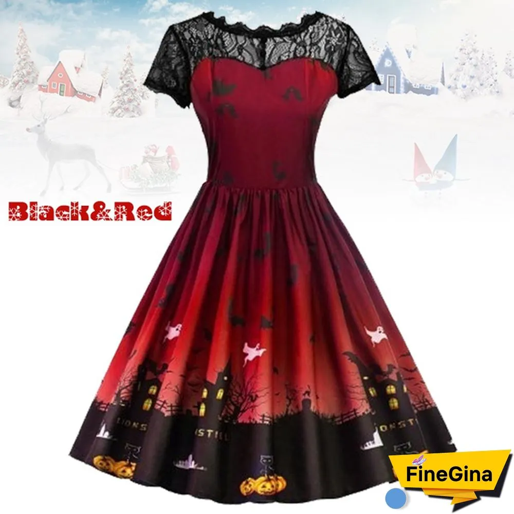Plus Size Fashion Women Pumpkin Snowflake Print Dress Short Sleeve Lace Dress Christmas Halloween Costume Knee Length Party Dresses