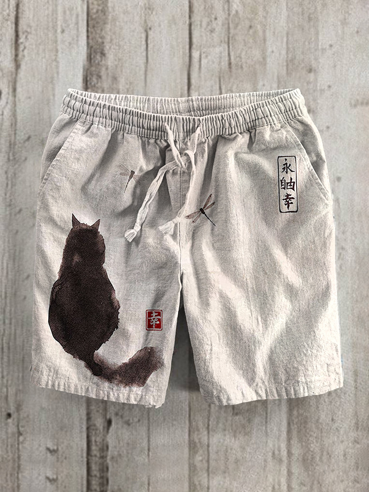Japanese Art Cat Print Cotton Linen Casual Shorts  artssus