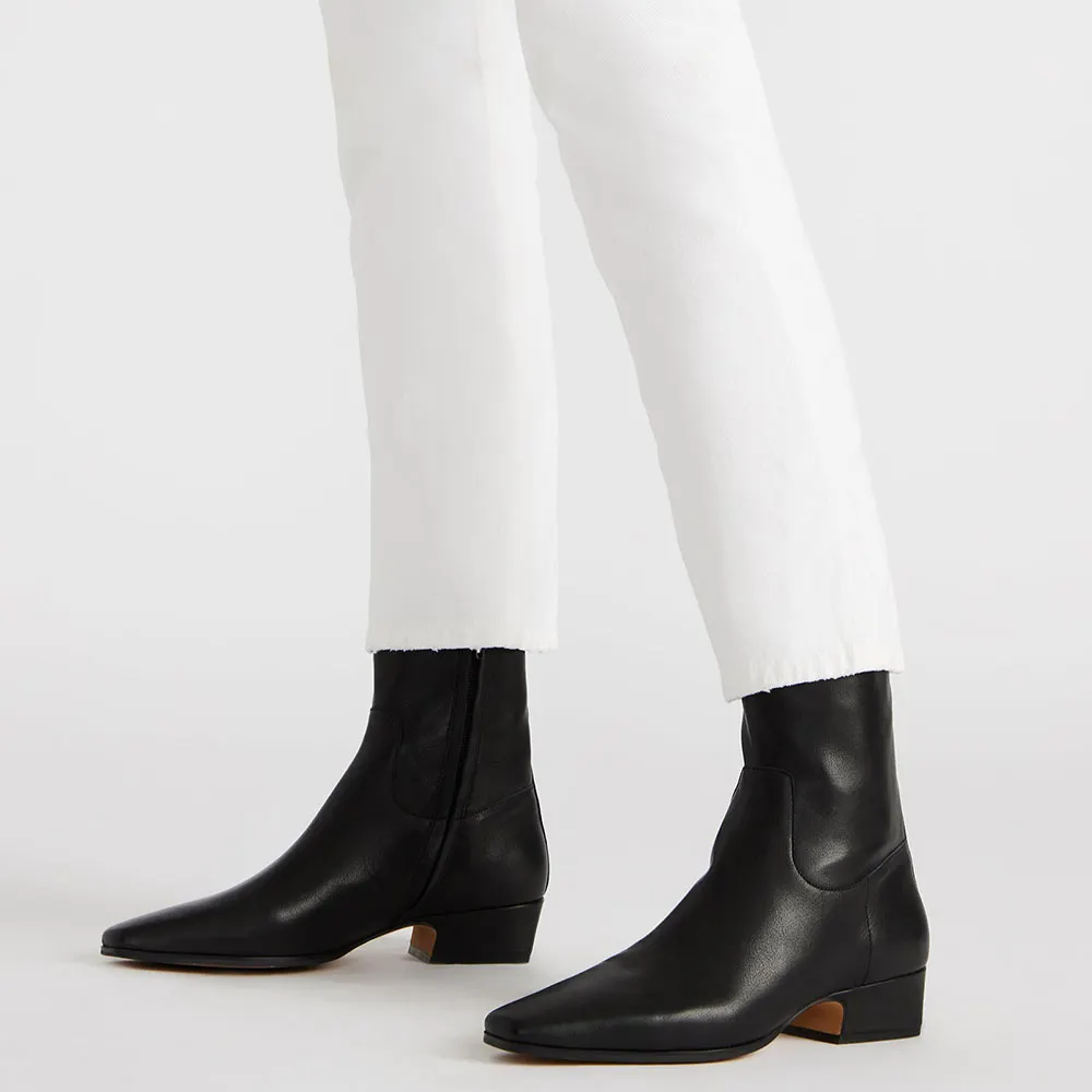Black Vegan Leather Chunky Heel Square Toe Zipper Ankle Boots