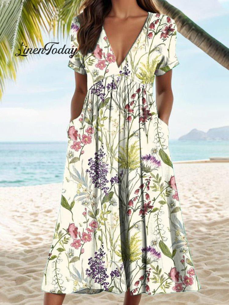 Women&rsquo;s Floral Print Linen Pocket Tunic Dress Multicolor / S