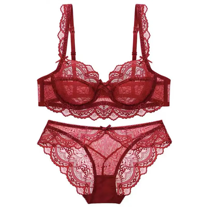 Churchf Lace Underwear Suit Female Pure Lust Wind Gathered Bra Sexy Red Breathable Thin Large Size Bra
