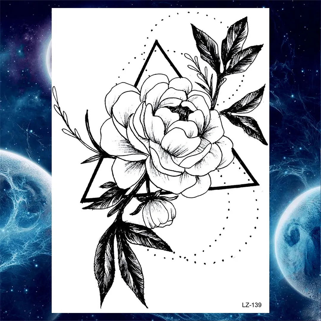 Flower Compass Temporary Tattoo For Women Girls Adult Rose Peony Tattoos Sticker Fake Black Floral Body Art Thigh Tatoos Paper