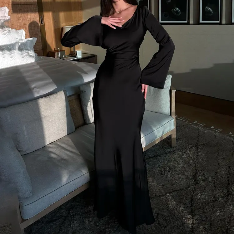 Churchf Churchf New Black Strap Slim Satin Dress Fall Women's Horn Sleeves Wrapped Hip Dress