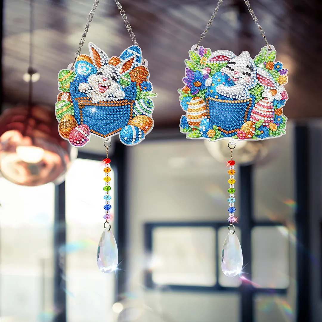 2Pcs Pocket Rabbit DIY Acrylic Diamond Painting Art Wind Chimes with Crystal Pendant Diamond Art Hanging Pendant Double-Sided for Adults Beginners Gift Home Garden Decor