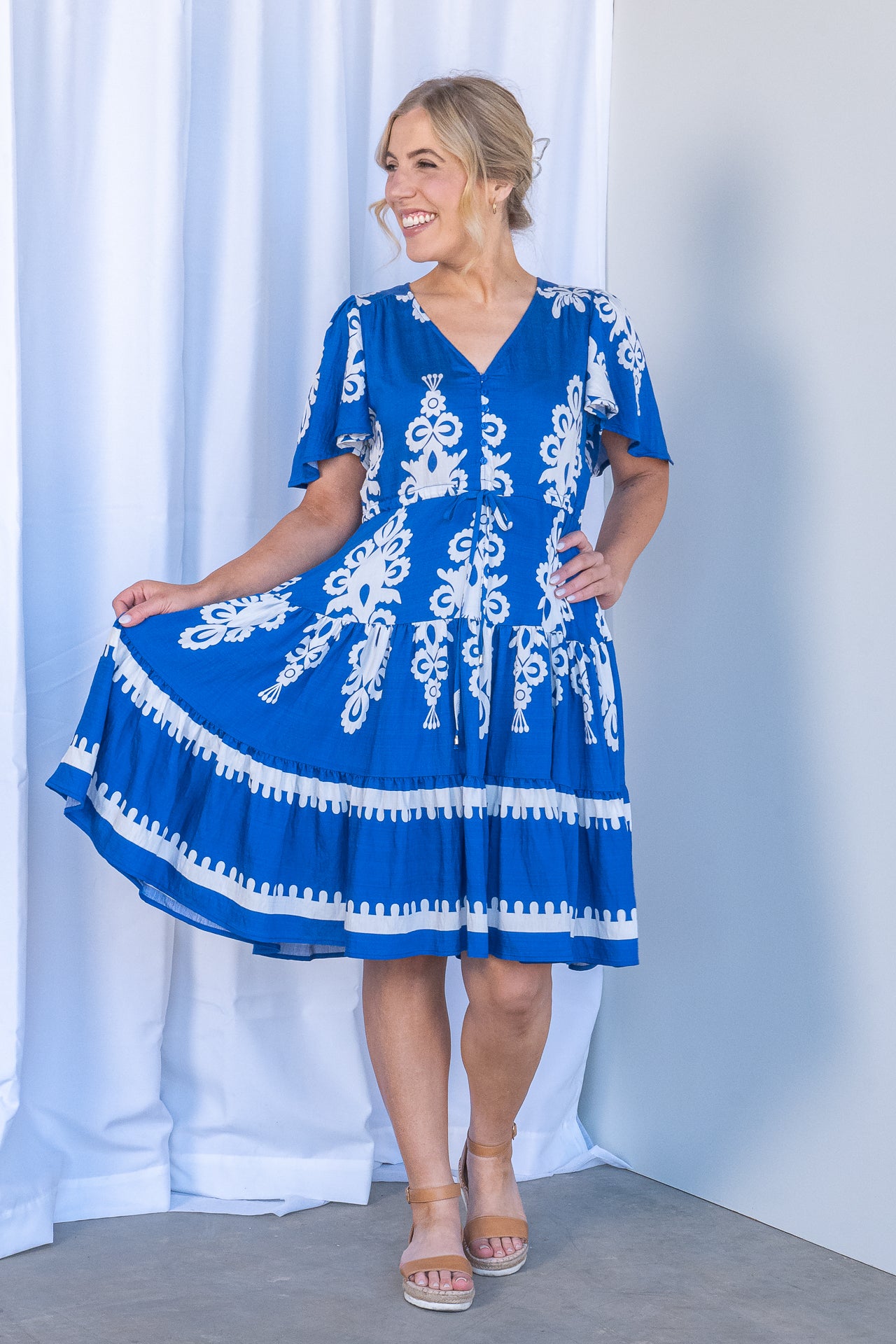 Sabine Geometric Border Dress in Cobalt