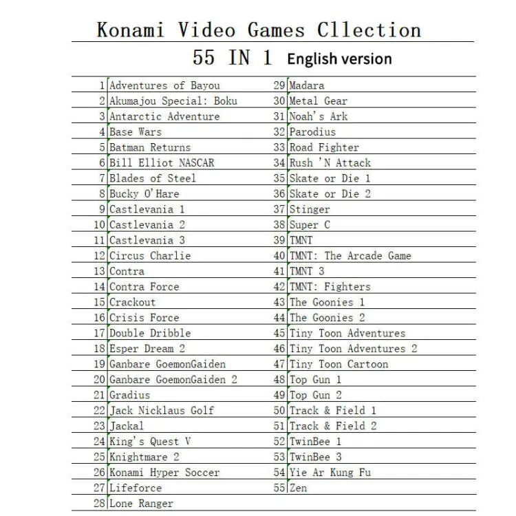 Super 55 in 1 Konami Classic Collection NES Cartridge Multicart For Nintendo Entertainment System - 8 Bit Game Cartridge
