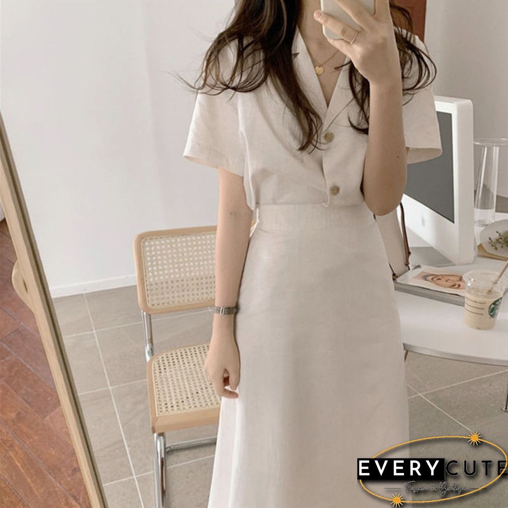 Sets Women Shirts And Skirts Solid Casual Button Elastic Waist Notched Mature Female Office Slim Retro Tender Ladies Elegant New