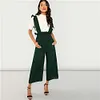 SHEIN Green Preppy Solid Wide Leg Pants Elastic Waist Ruffle Strap Calf Length Jumpsuit Women Summer Office Workwear Jumpsuits