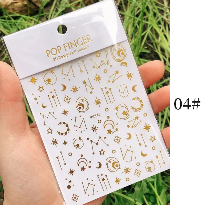 Star Nail Art 3D Stickers Black White Gold Love Hearts Pattern Nail Decals Manicures Nails Design Adhesive Wraps Tip Decoration
