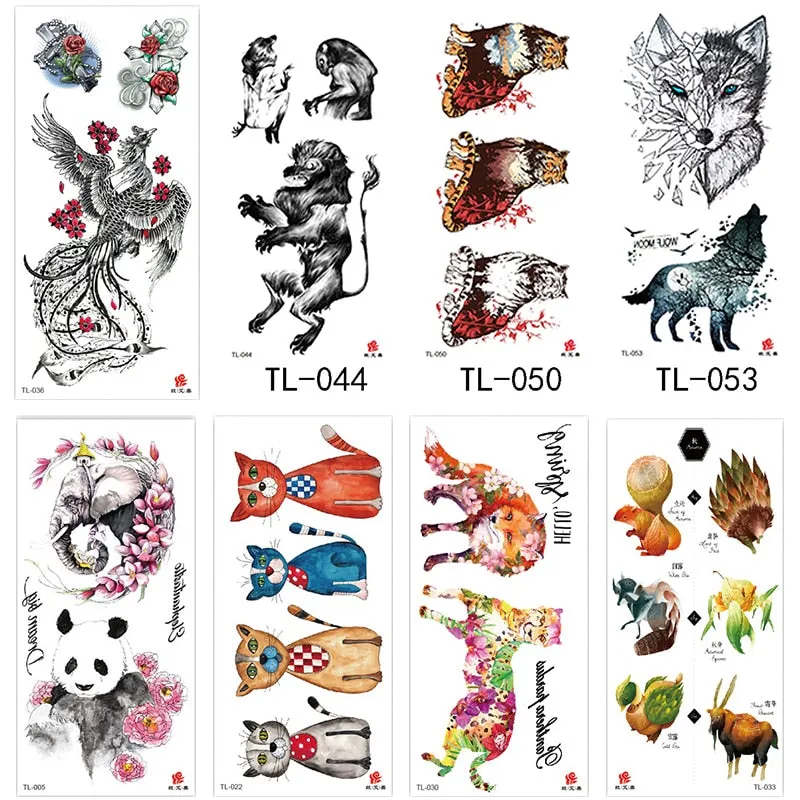 1~8 pieces of animal plants wolf bear bird art tattoo stickers disposable waterproof temporary tattoo stickers for men and women