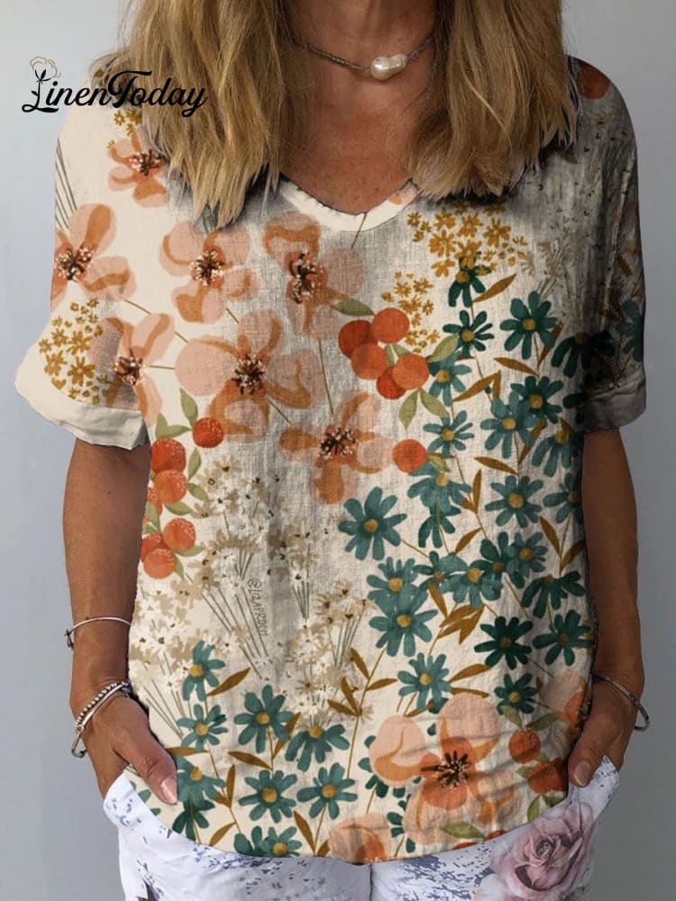 Women&rsquo;s Lovely Cute Flowers Art Print Casual Cotton And Linen Shirt Multicolor / S