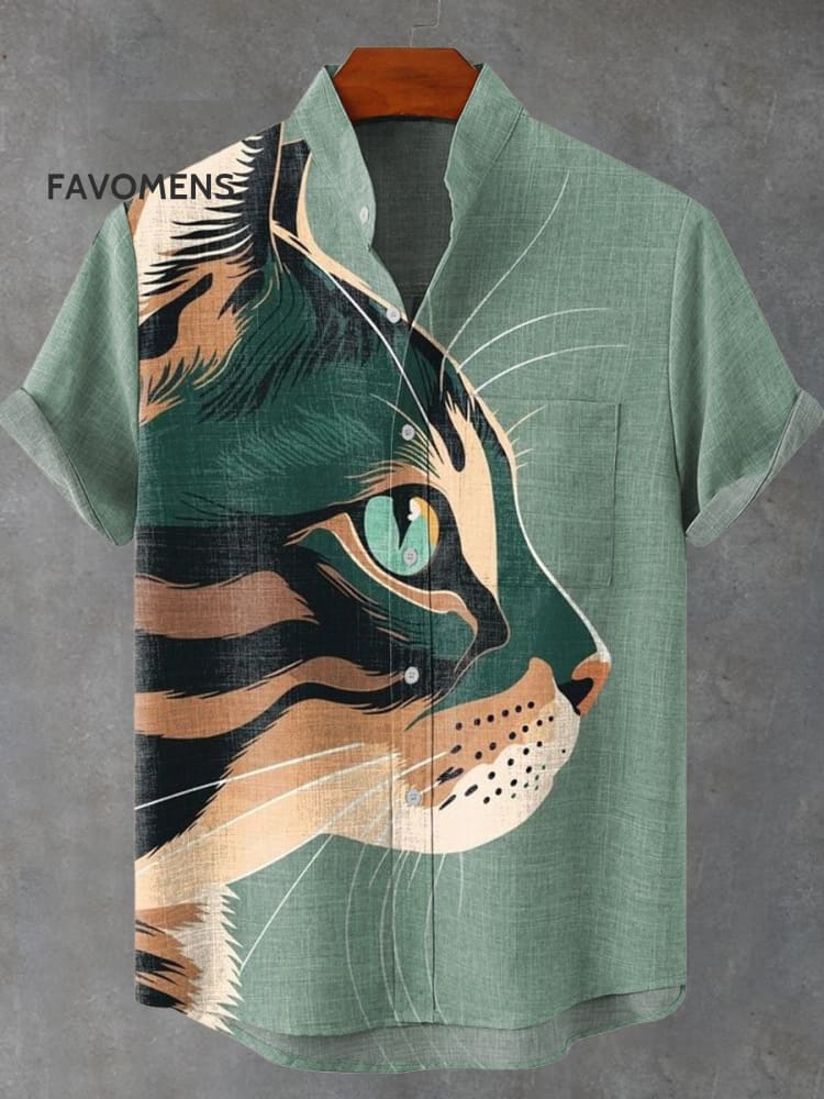 Geometry Cat Animal Vintage Print Casual 100% Cotton Shirt Multicolor / S