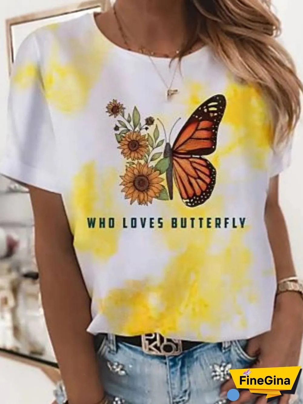 Floral-Print Butterfly Short Sleeve Crew Neck T-shirt