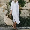 💐Robe chemise longue fendue en coton et lin de couleur unie💐