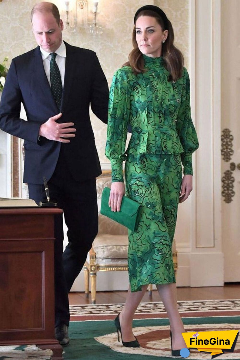 Green Floral Lantern Sleeve Kate Middleton Dress