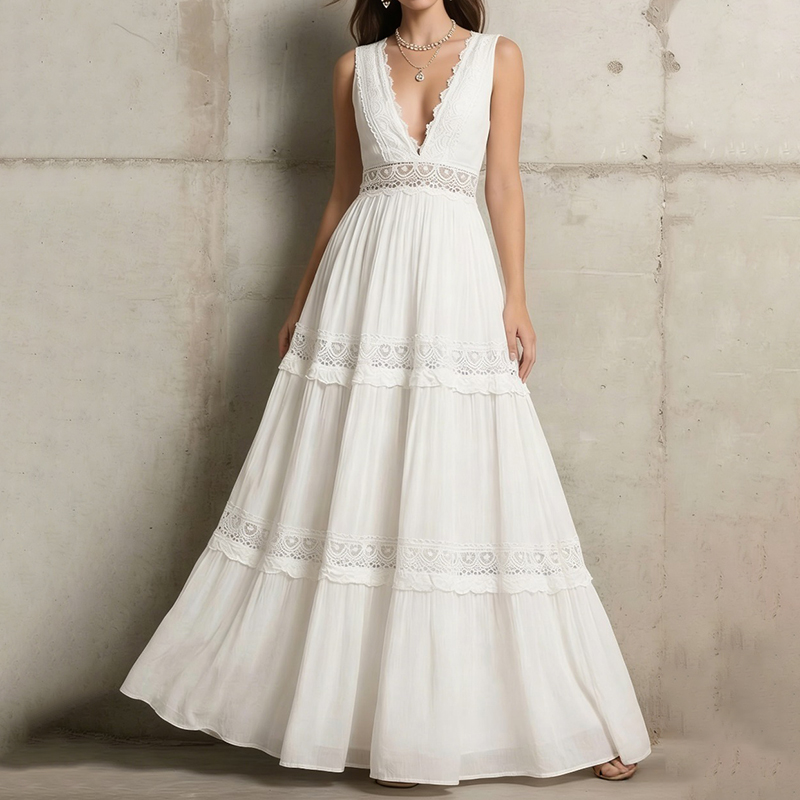 Women's Delicate Lace Hook And Lace Up Sides Maxi Dress elevenforest