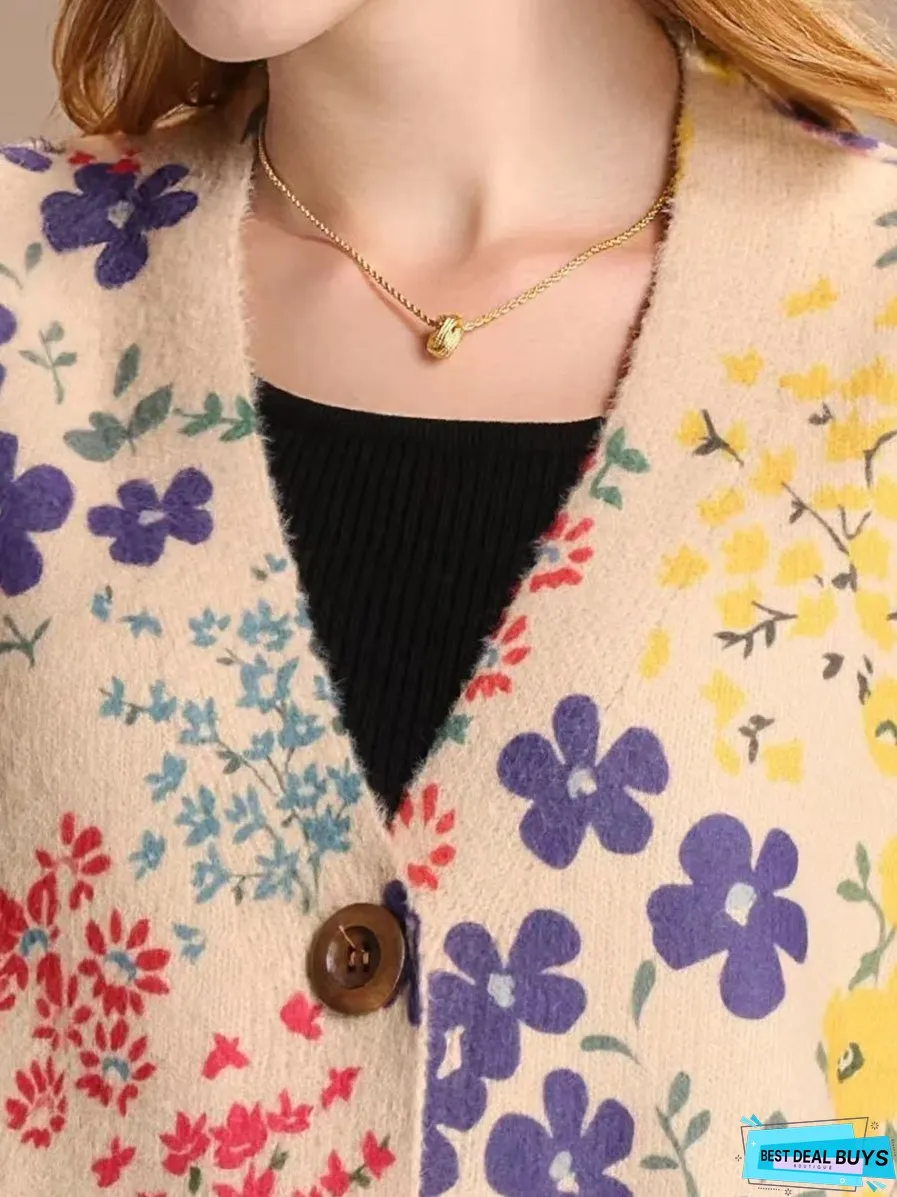 Women Casual Flower V-Neck Winter Cardigan Sweater