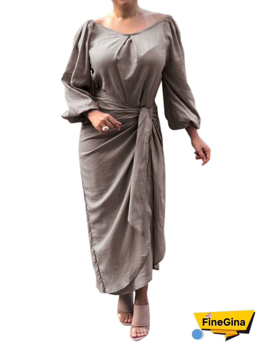 Solid Color Knotted Lantern Long Sleeve Casual Dress for Women