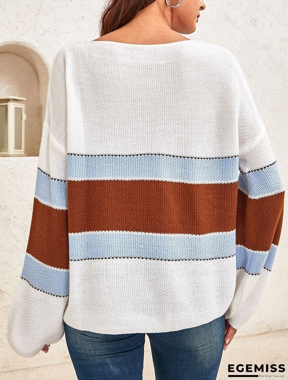 Ladies Color Striped Loose Long Sleeve Sweater | EGEMISS