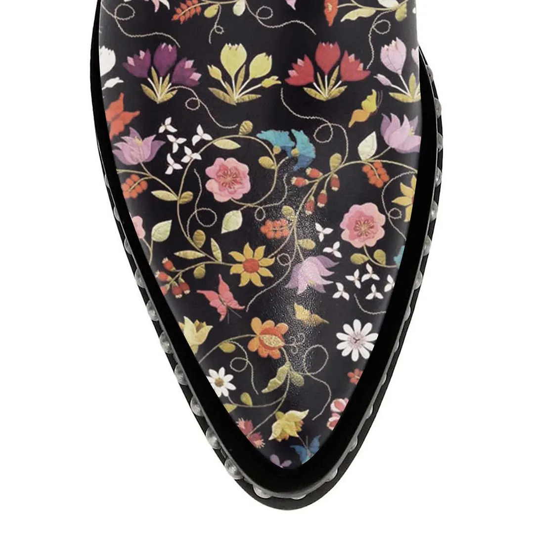 Chunky Heel Studded Pointed Toe Flower Print Buckle Strap Ankle Boots