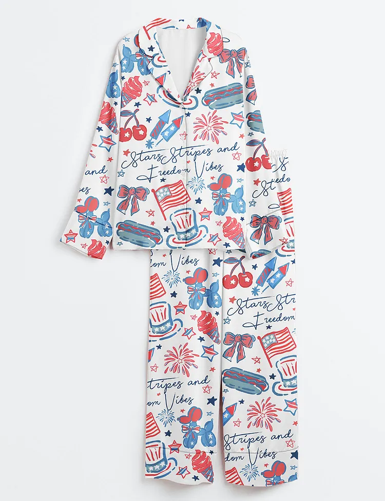 Women&rsquo;s America Stars Stipes And Freedom Vibes 4th Of July Girly Coquette America Print Long Sleeve Satin Pajama Set