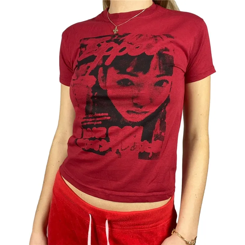 Xingqing Y2K Summer Short Sleeve T-shirt Girls Creative Figure Printing Round Collar Tops Slim Base Shirt Harajuku Tee Top