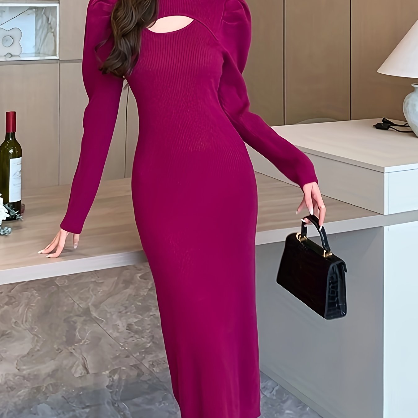 Solid Cut Out Knitted Bodycon Dress, Elegant Puff Long Sleeve Dress, Women's Clothing