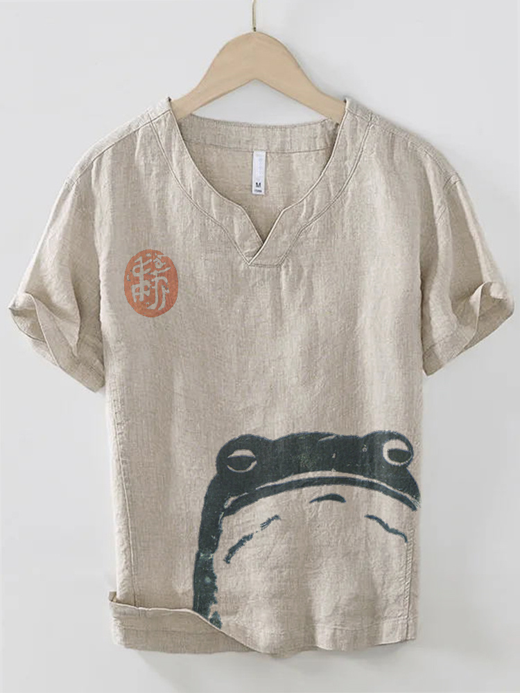 Japanese Art Frog Print Cozy Cotton Linen V-neck Shirt  artssus