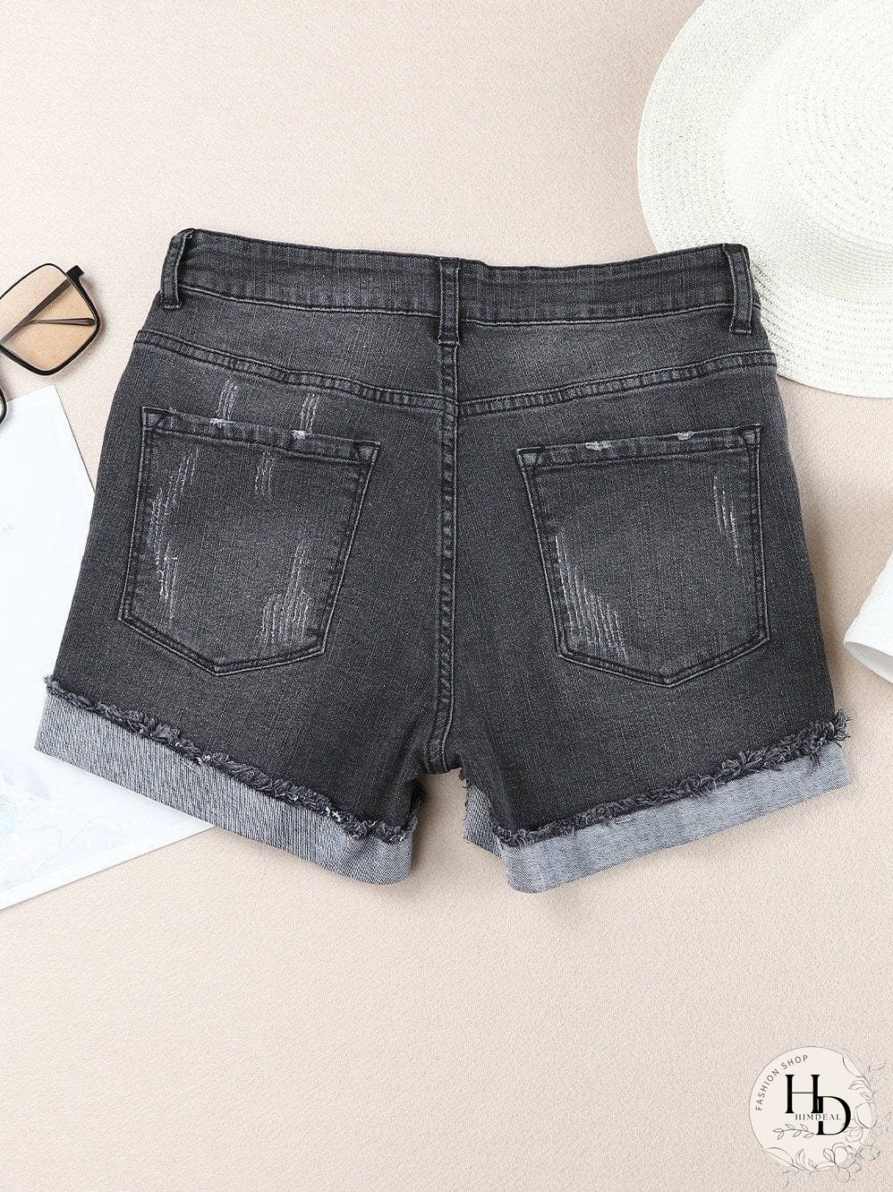 Vintage Chic Distressed Black Denim Shorts with Roll Hem