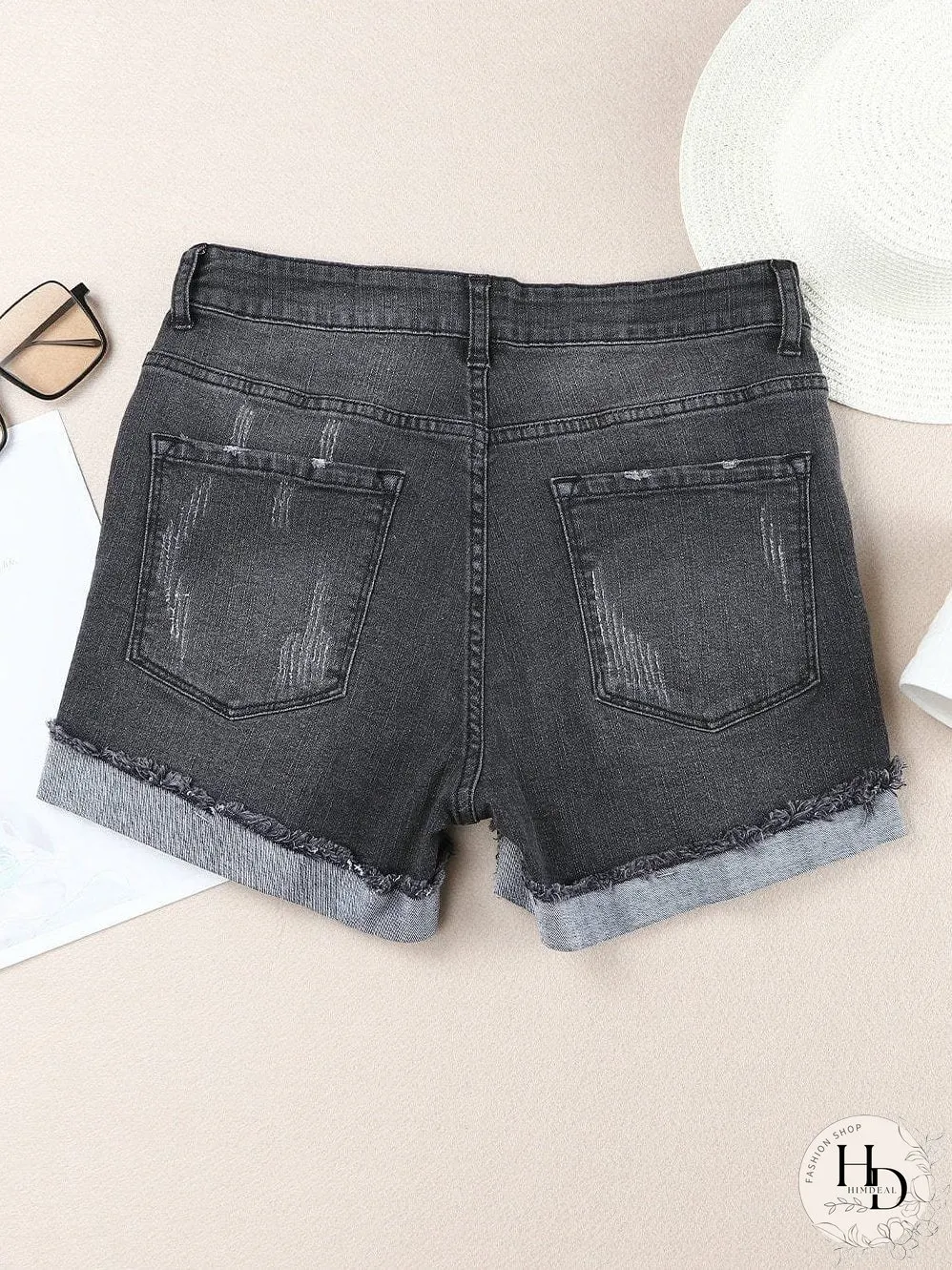 Vintage Chic Distressed Black Denim Shorts with Roll Hem