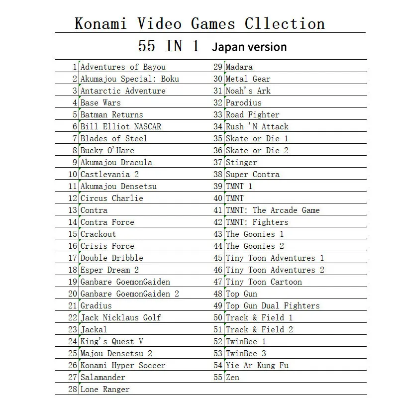 Super 55 in 1 Konami Classic Collection NES Cartridge Multicart For Nintendo Entertainment System - 8 Bit Game Cartridge