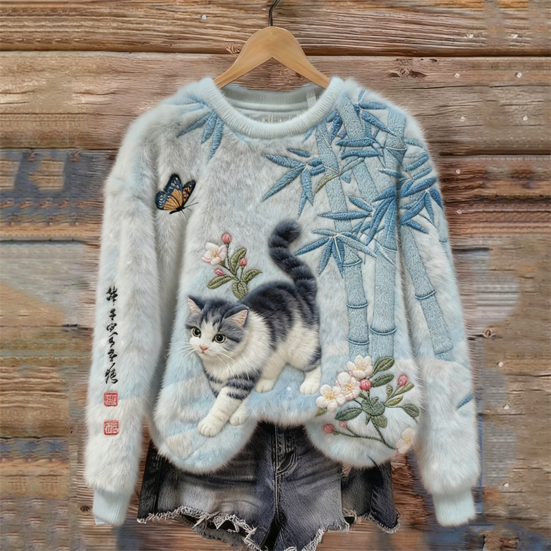 Japanese Art Cat & Bamboo Embroidered Cozy Plush Sweatshirt