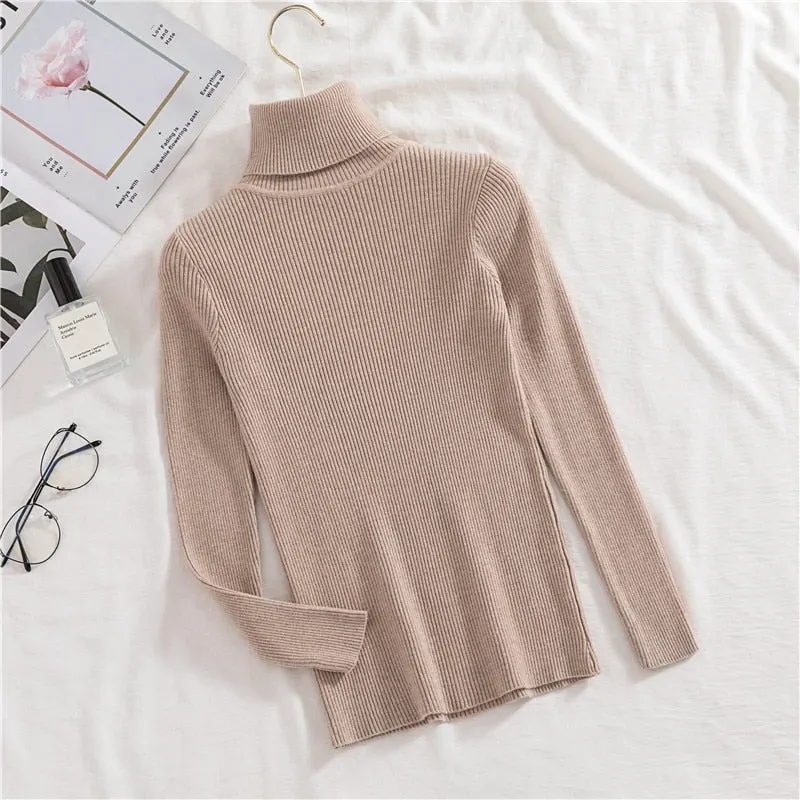 H.SA 2021 Women Turtleneck Sweater Basic Casual Solid Knit Jumper Korean Sweater Slim Pull Femme Top Elasticity Winter Pullovers