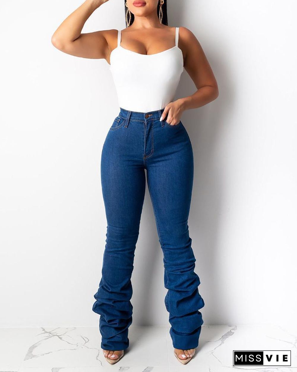Solid High Waist Ruched Jeans P15149