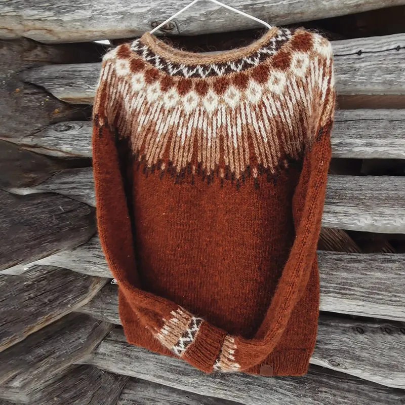 Vintage Contrast Wave Pattern Crew Neck Sweater