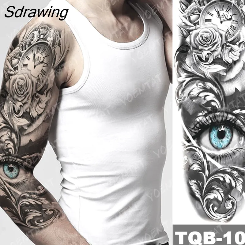 Sdrawing Arm Sleeve Tattoo Tiger Lion Wolf Owl Waterproof Temporary Tatto Sticker Crown Warrior Body Art Full Fake Tatoo Men Women