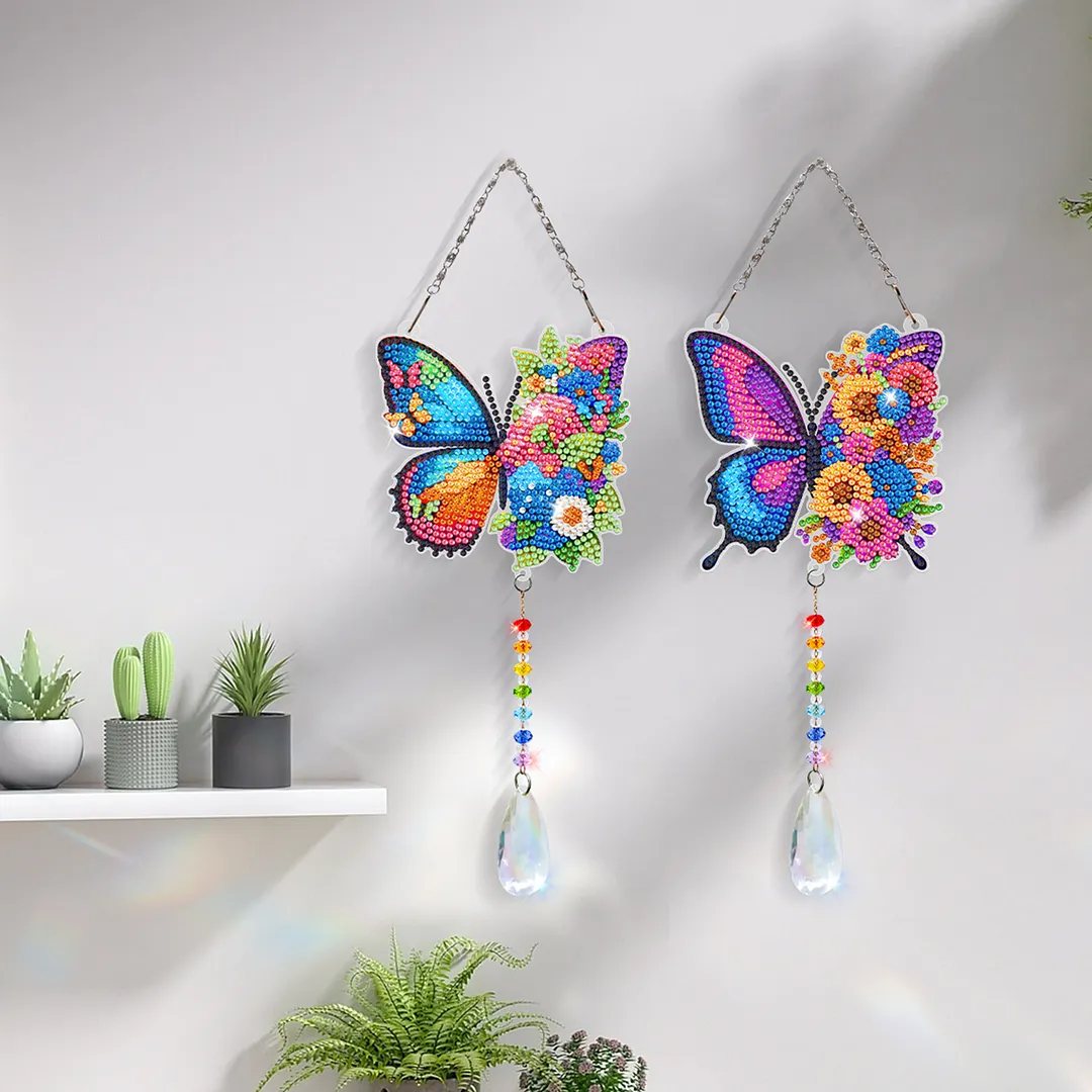 2Pcs Butterfly DIY Double-Sided Diamond Painting Hanging Kits Diamond Painting Suncatcher Craft Kit for Home Garden Wall Decor Gift