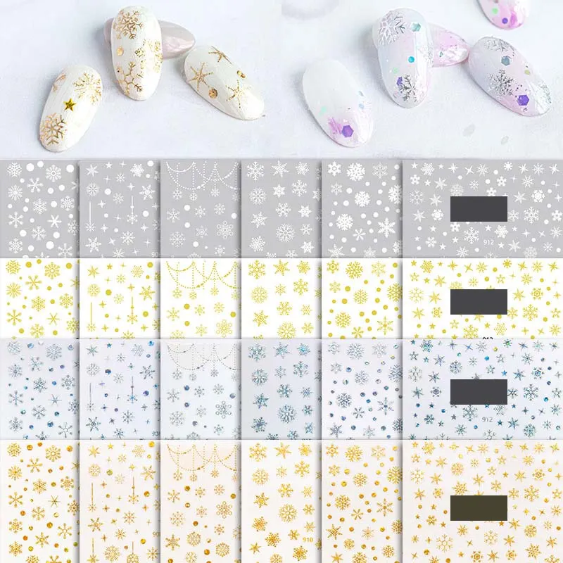 1 Sheet Christmas 5D Nail Stickers Gold And Sliver Snowflakes Transfer Nail Decals Slider Decoration For Manicuries