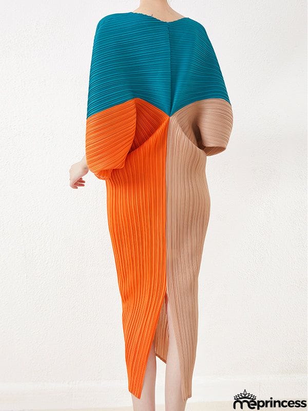 Original Loose Contrast Color Pleated V-Neck Midi Dresses
