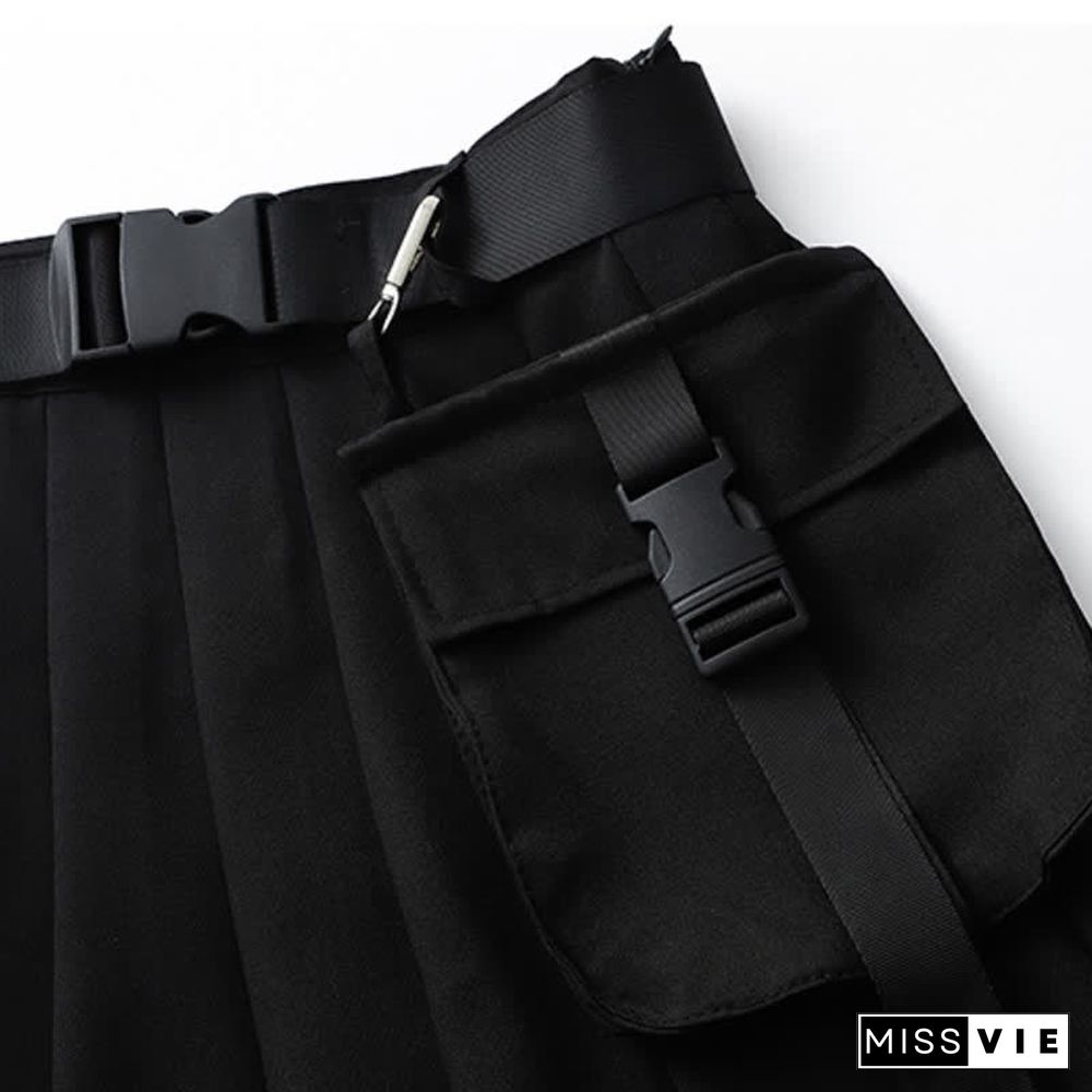 Gothic Off The Shoulder Buckle Strap Zipper Crop Top Belted Pleated Skirt