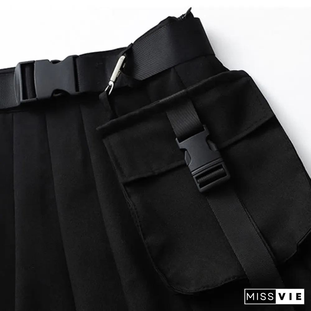 Gothic Off The Shoulder Buckle Strap Zipper Crop Top Belted Pleated Skirt