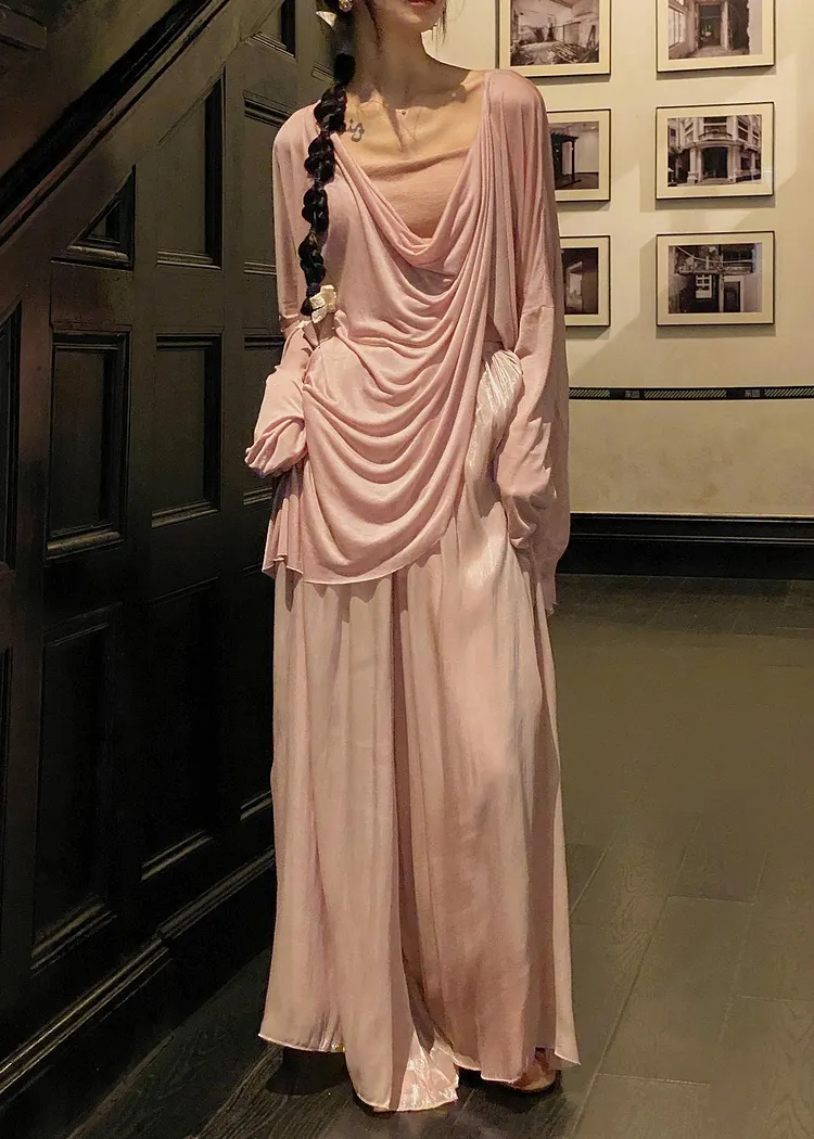Style Pink Draping Cotton Two Piece Set Women Clothing Summer