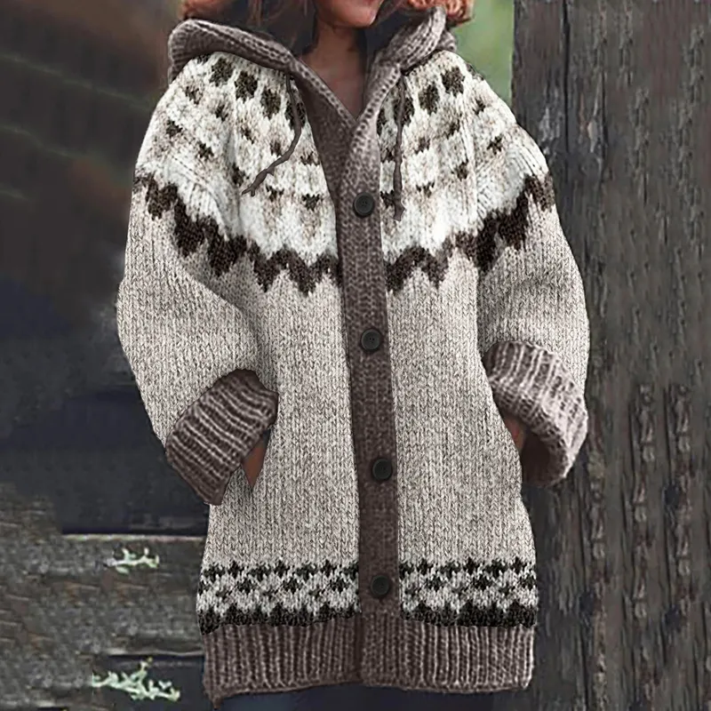 Vintage Geometry Contrast Jacquard Button Cozy Sweater
