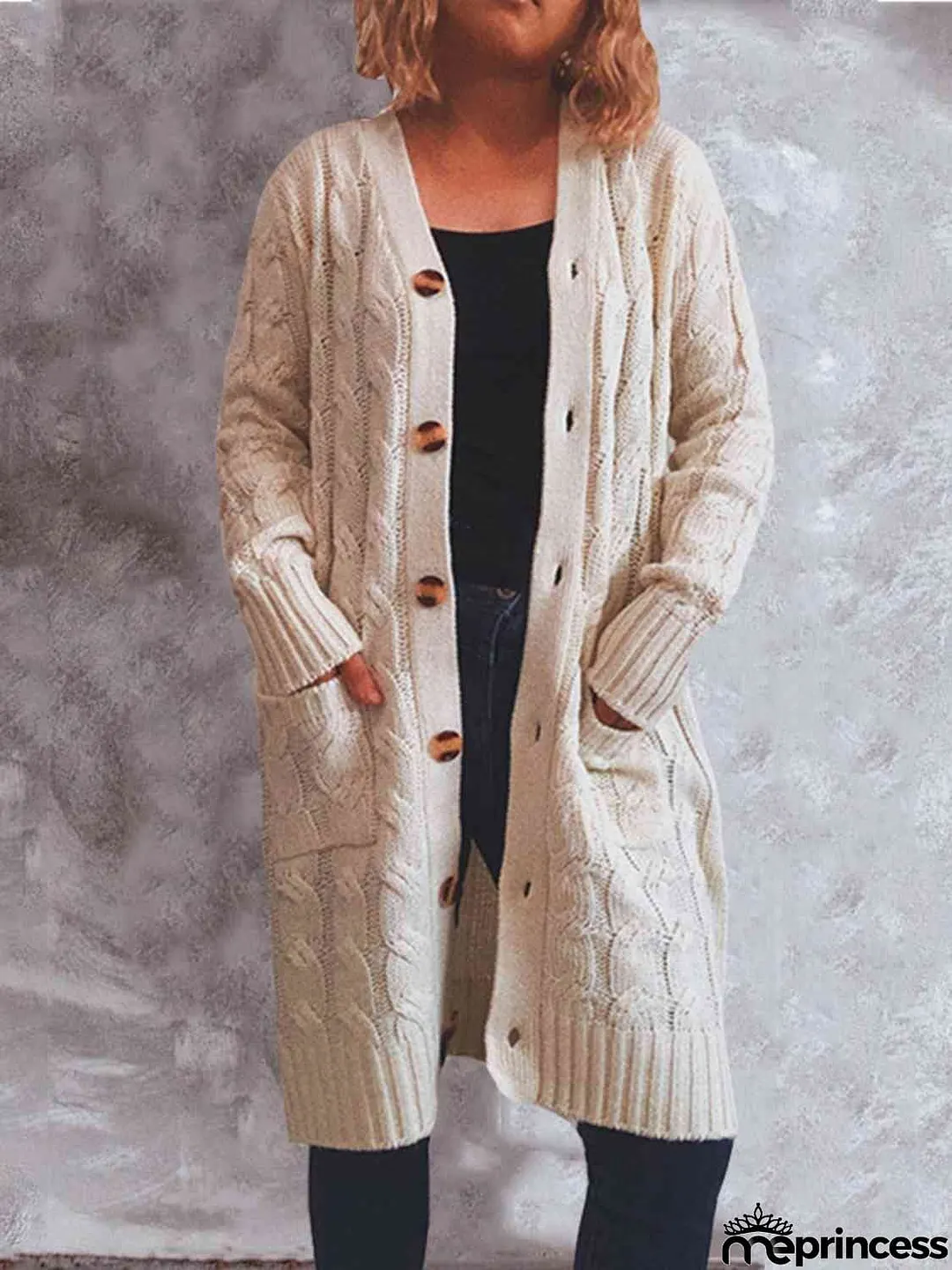 Button Up Cable-Knit Cardigan with Pockets