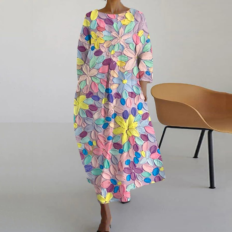 Flower Art Print Round Neck Midi Dress artswardrobe
