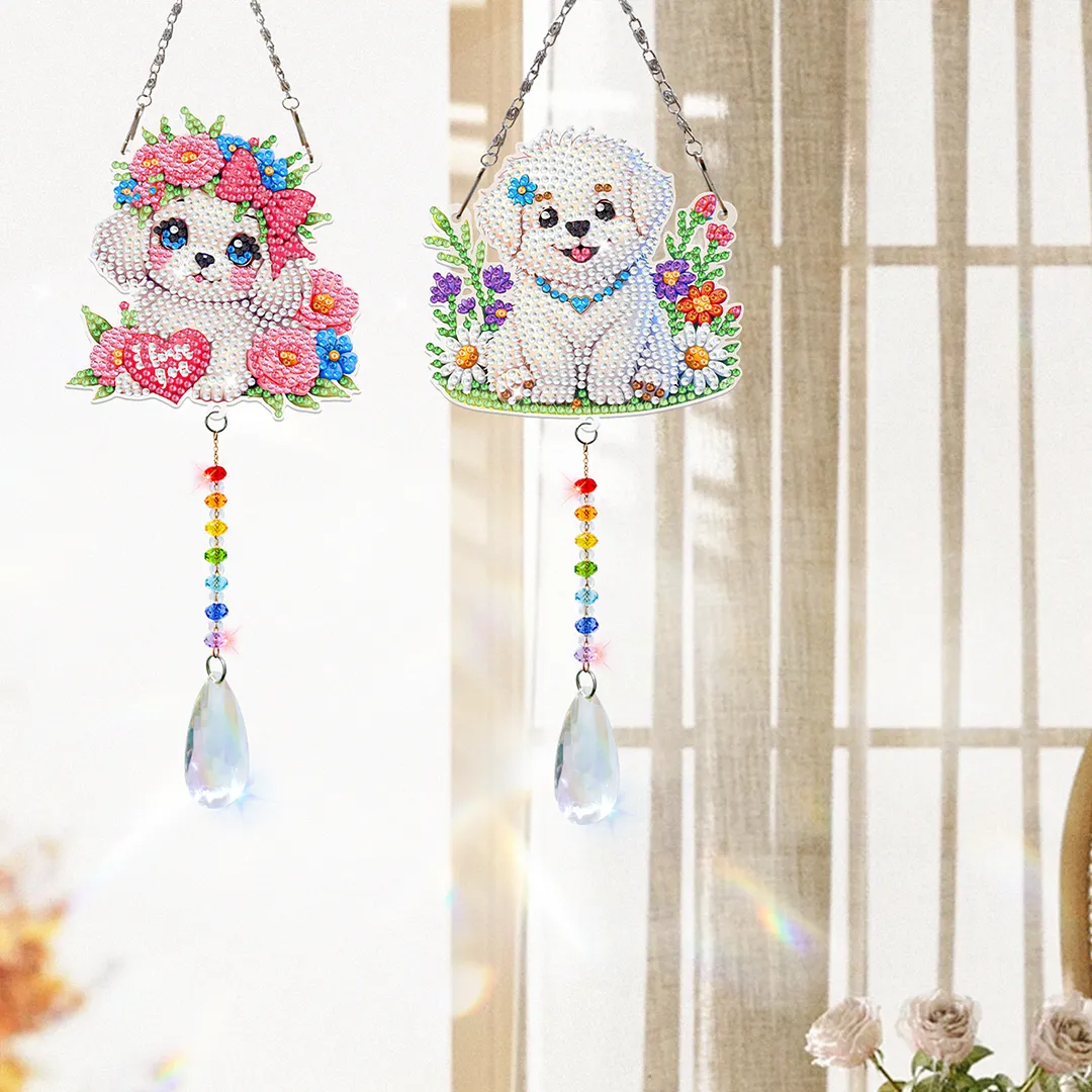 2Pcs Dog DIY Acrylic Diamond Painting Art Wind Chimes with Crystal Pendant Diamond Art Hanging Pendant Double-Sided for Adults Beginners Gift Home Garden Decor