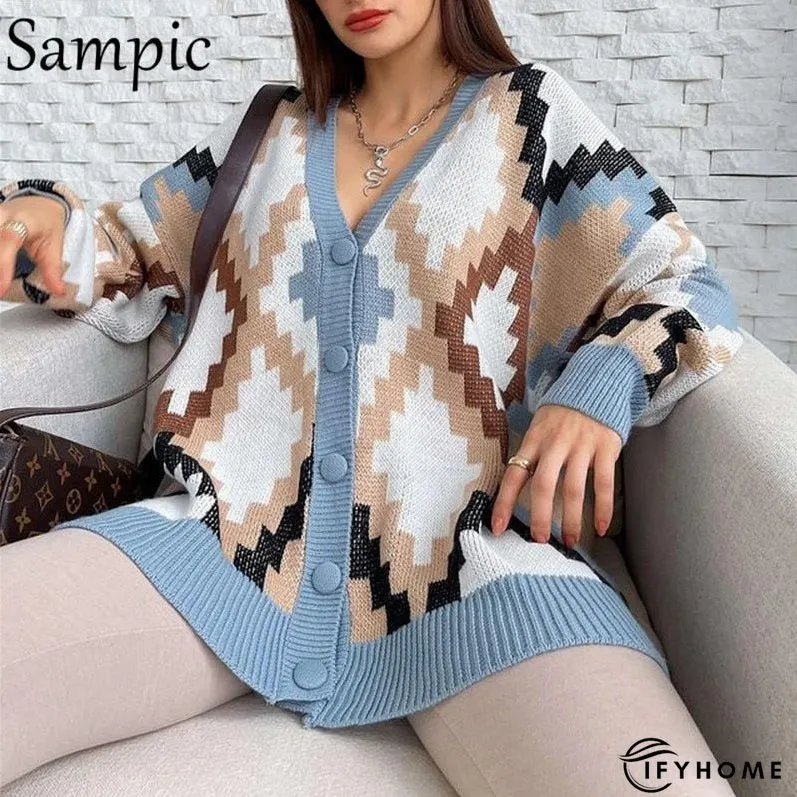 Christmas Gift Sampic Loose Patchwork Knitwear Winter Women Cardigans Tops Oversized Long Sleeve Y2K V Neck Sweater Casual Fashion Tops | IFYHOME