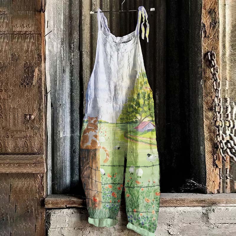 Lovely Shepherd Cat Pattern Linen Blend Loose Fit Jumpsuit